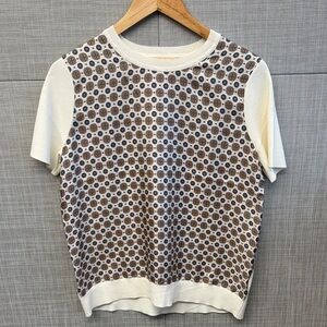 Tory Burch Cream & Light Brown Logo-Trim Knit Top
